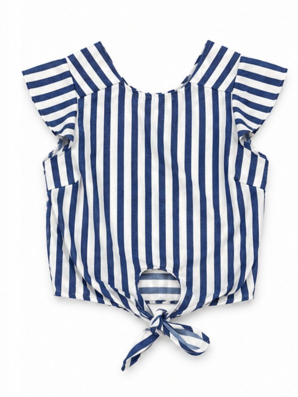 Madisonne Blue & White Striped Tie Front Flutter Sleeve Crop Top Small